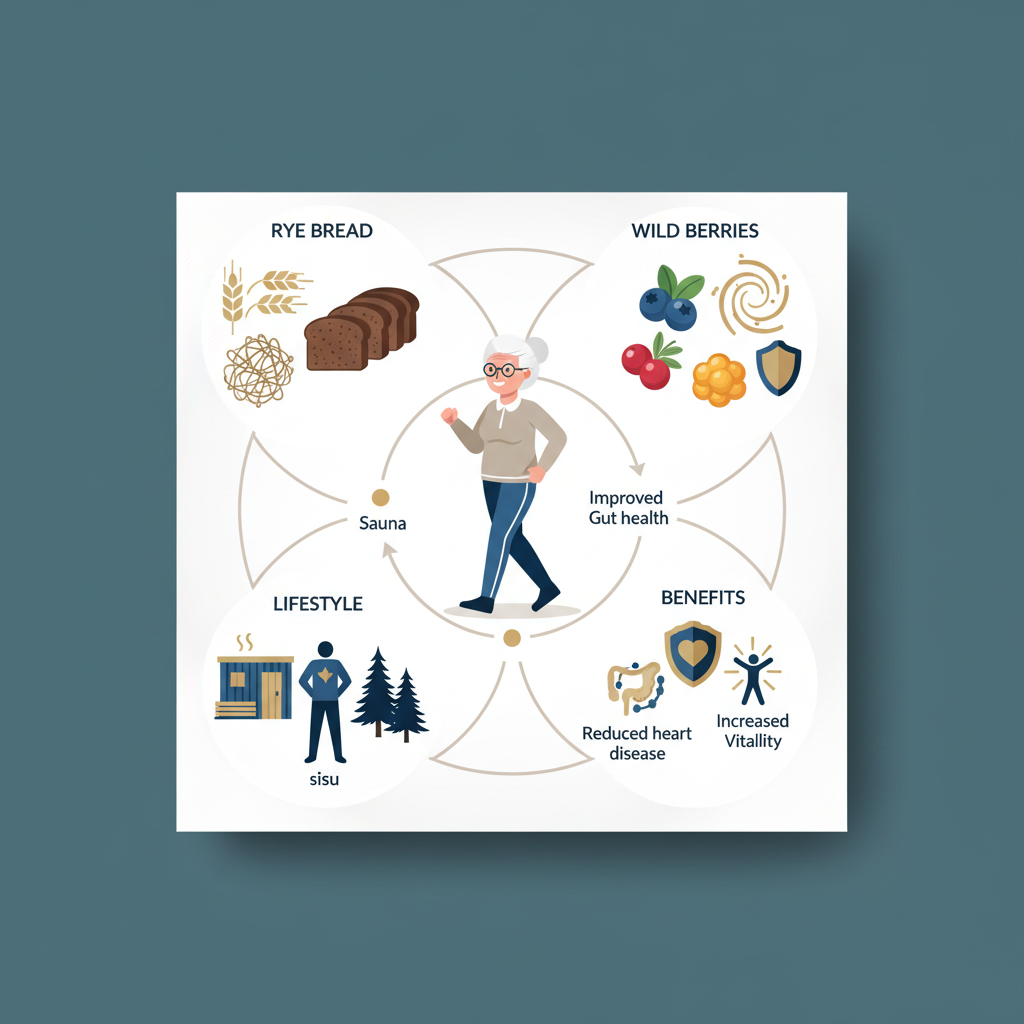 Finnish diet longevity: rye, berries & health benefits in Finland - Infographic illustration