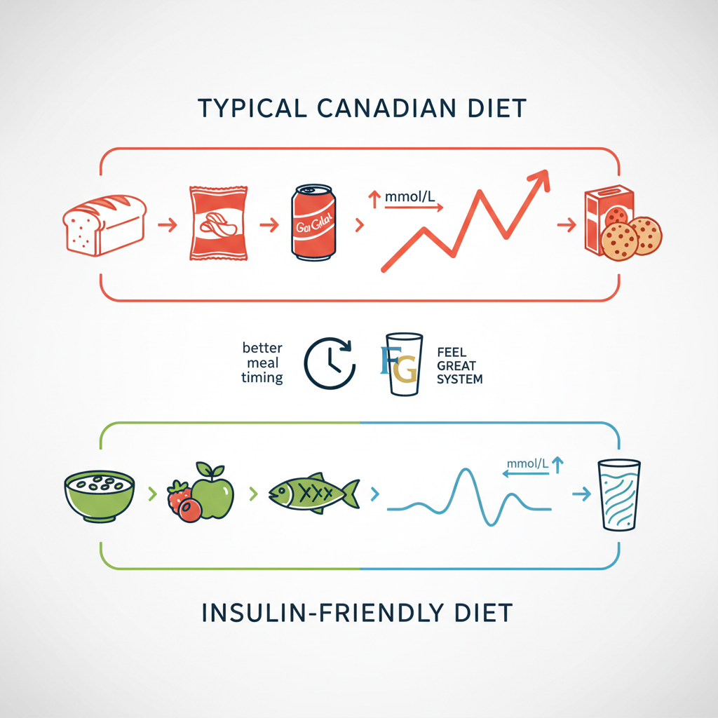 Canadian diet insulin resistance: What to change to lower glucose (mmol/L) - Infographic illustration