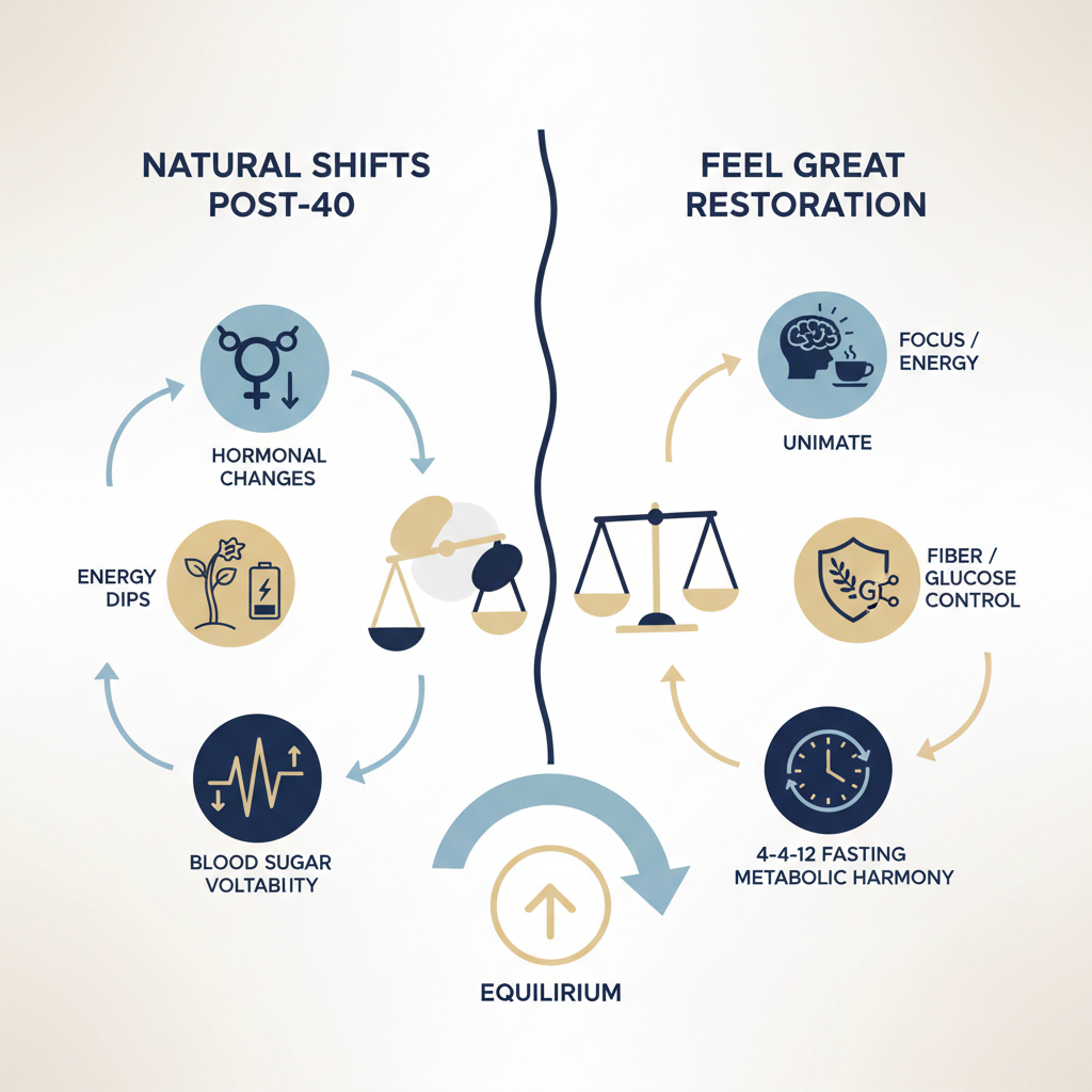 Why Women Over 40 Need Different Nutritional Support and How Feel Great Adapts - Infographic illustration