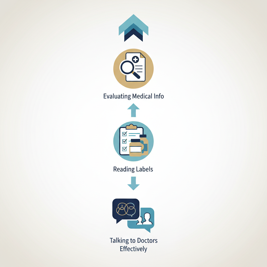 Health Literacy Guide for Al-Ahsa: Skills for Evaluating Medical Info - Infographic illustration