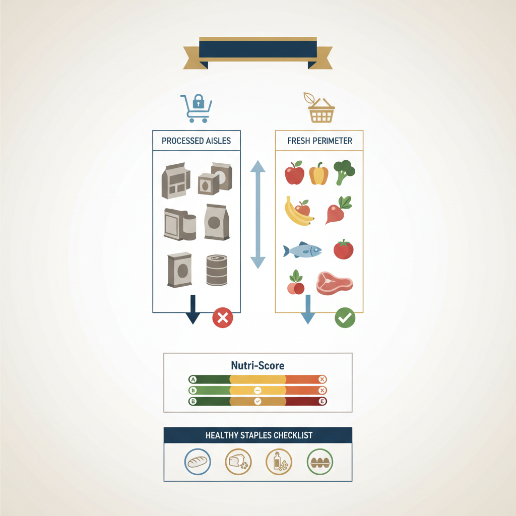 A Practical Spanish Grocery Comparison Checklist: Navigating Supermarkets for Better Health - Infographic illustration