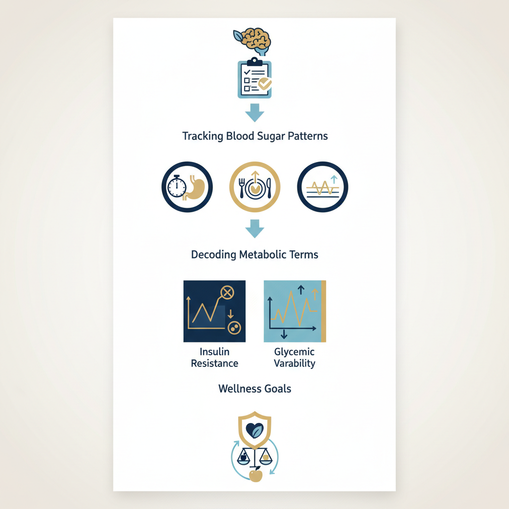 Visual Checklist: Skills for Tracking Daily Blood Sugar Patterns and Decoding Metabolic Terms - Infographic illustration