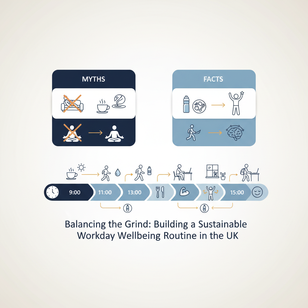 Balancing the Grind: Building a Sustainable Workday Wellbeing Routine in the UK - Infographic illustration