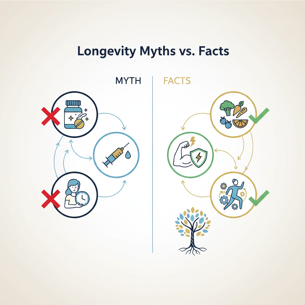 Longevity Myths vs. Facts: Understanding the Science of Aging Well - Infographic illustration